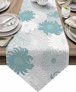 Chrysanthemum Flower Table Runner Teal Grey White Triangle Trim Runner for Party Decoration Wedding Baby Shower Birthday Bachelor Party Holiday Party Event, 13x70 Inch
