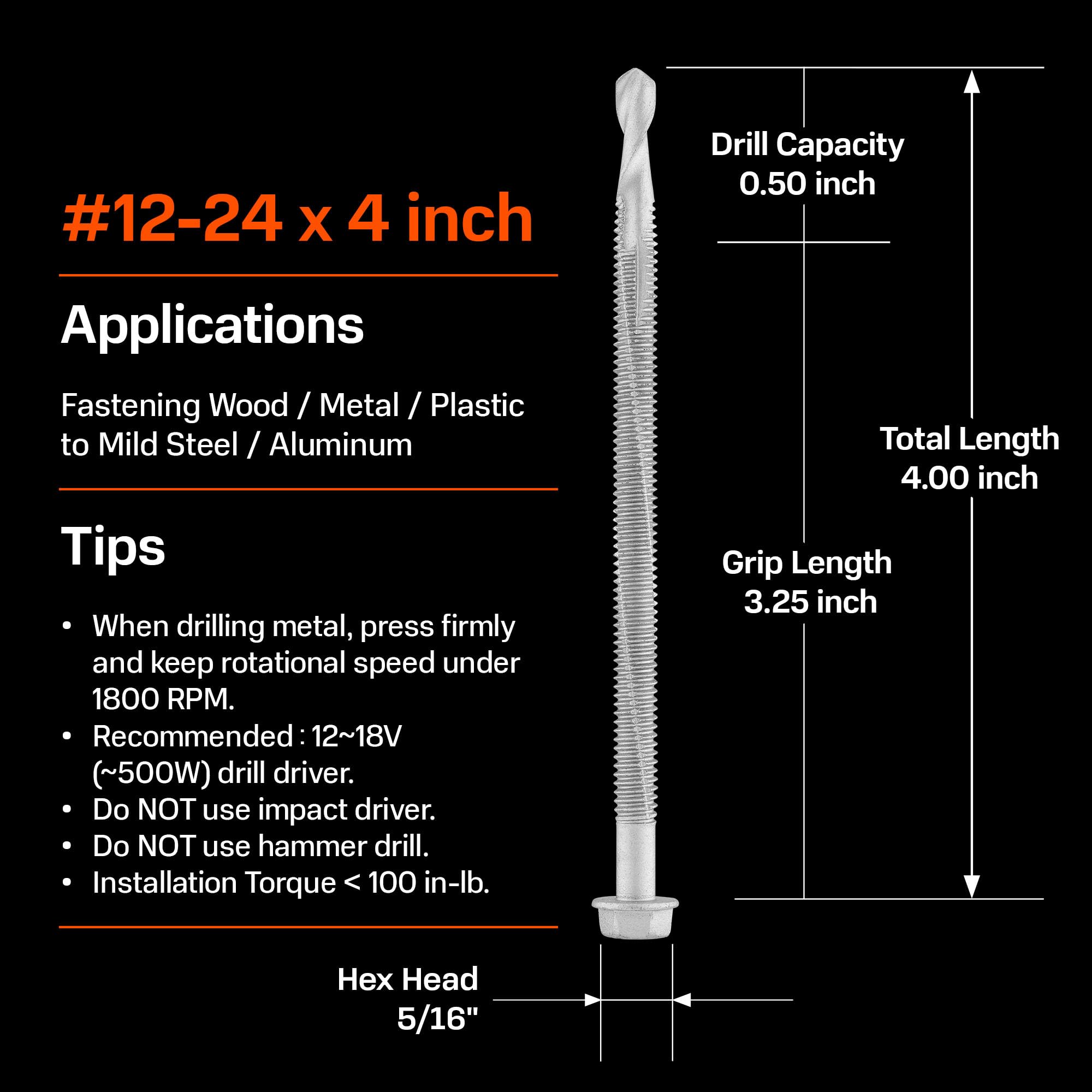 SUNKIN Tornillo autoperforante #12 x 4 pulgadas para tornillos Tek de metal, cabeza hexagonal, revestimiento de cerámica, taladro de acero suave de hasta 1/2 pulgada, 38 unidades, ideal para fijar