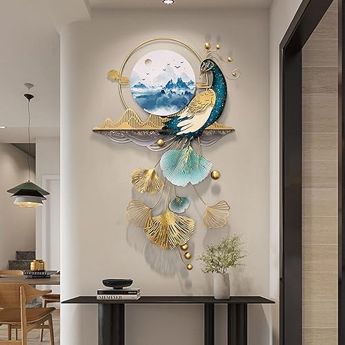 Vista 2 de 3D Metal Peacock Wall Art Decor for Living Room, Handmade Ginkgo Leaf Metal Wall Sculptures Decor, Luxury Welcome Wall Hanging Decor for Entryway
