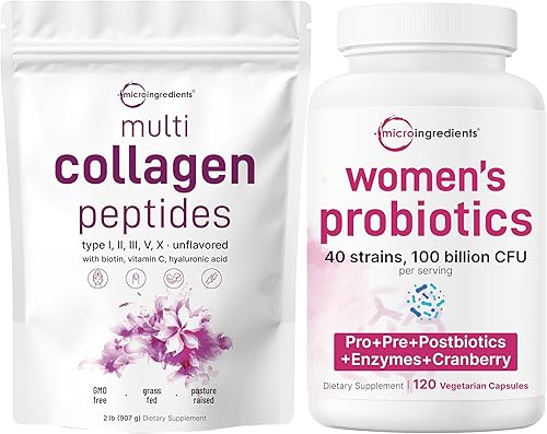 Micro Ingredients Polvo de colágeno múltiple 8 en 1 y probióticos para mujer, 100 mil millones de cápsulas vegetales UFC, paquete de 2, péptidos