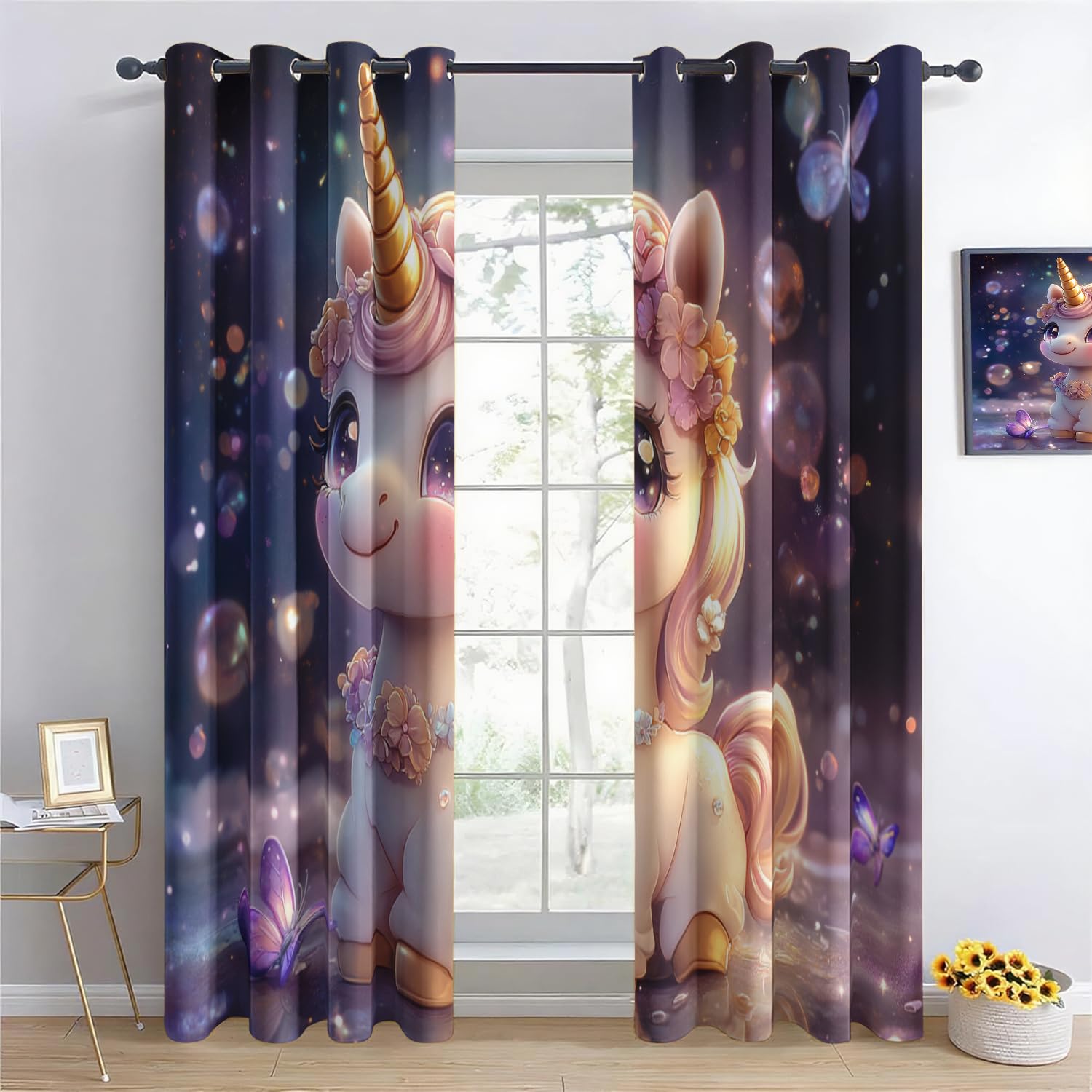 Générique Licorne 3D Imprimé Oeillets Opaque Thermiques Rideau Fenetre Anti Bruit Décoration 220X215Cm pour Salon Cuisine Bébé Rideau Occultant 2 Pièces pour Chambre d'enfant