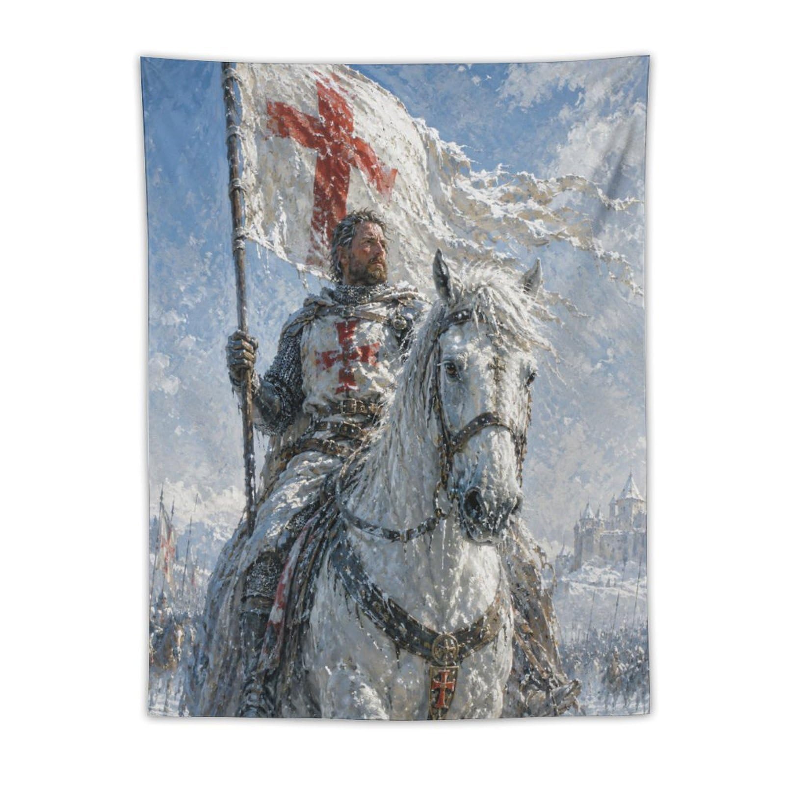 W7C8U2X3 Crusader Knight Wall Tapestry, Medieval Illustration, Backdrop