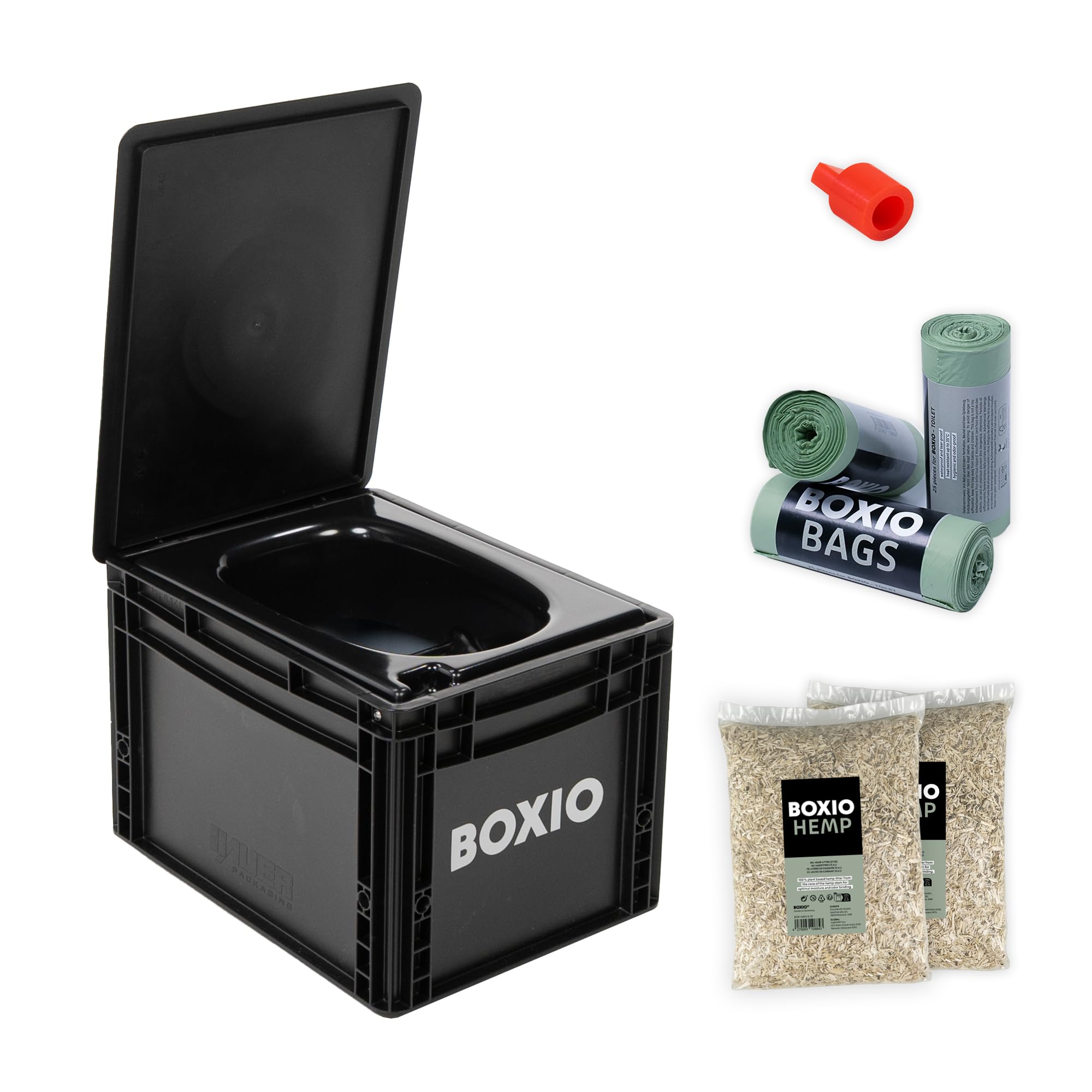 BOXIO - Toilet Plus: Campingtoilette Starter Kit mit Hemp, Plug & Bags, Mobile Trockentrenntoilette ohne Chemie für Camping, Van, Outdoor, Dachzelt: Toilette auf Eurobox Basis ohne Strom für unterwegs
