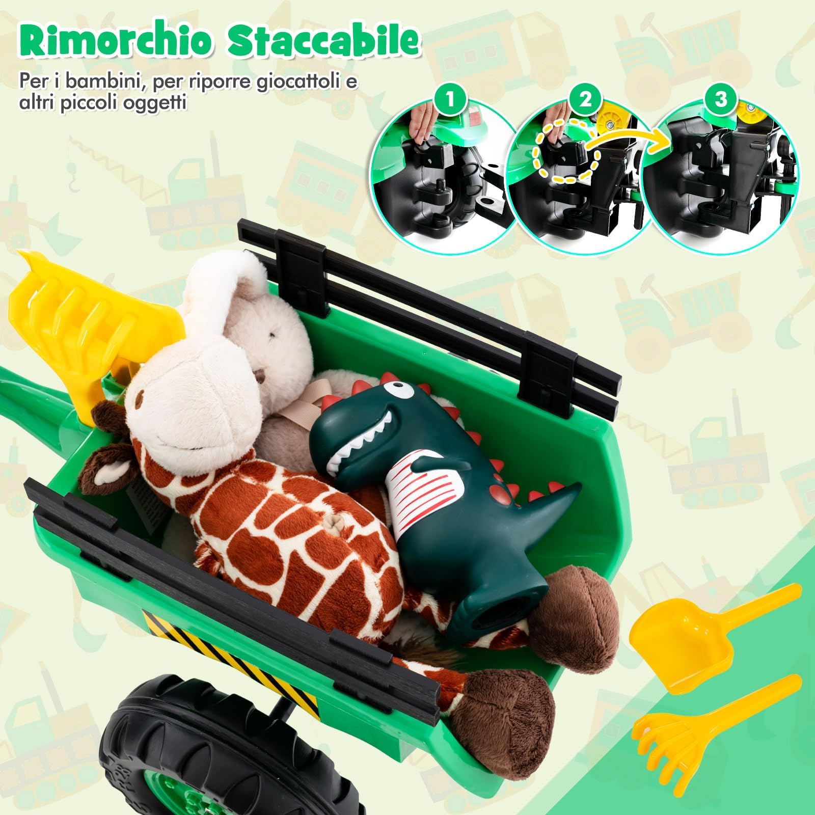 RELAX4LIFE Trattore per Bambini 3 in 1 3-6 Anni con 2 Benne Regolabile e Rimorchio Staccabile con 6 Ruote, Carico Bulldozer 35 kg (VERDE)