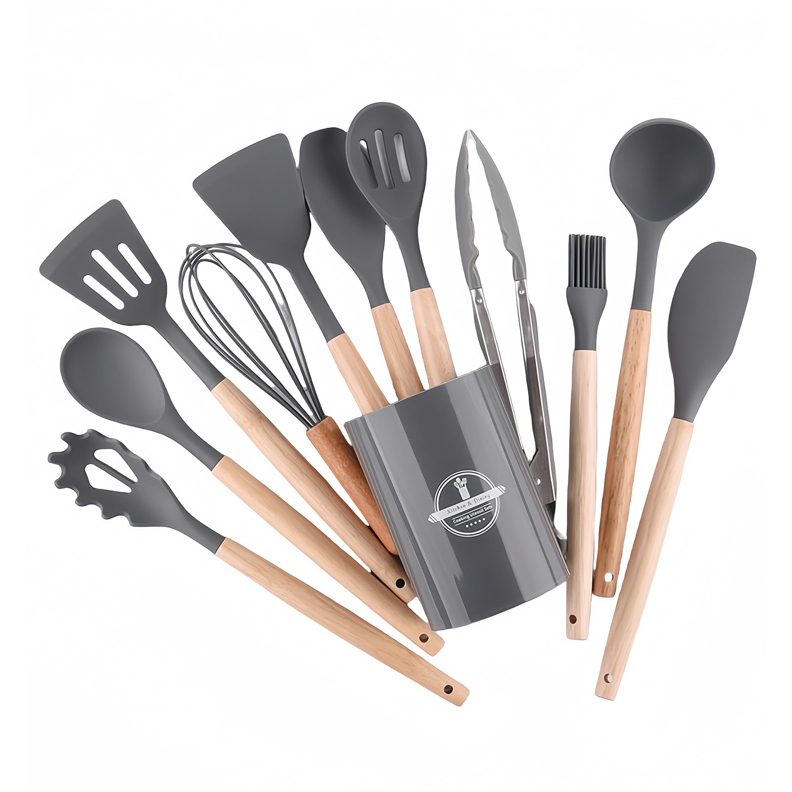 Ustensiles de cuisine en silicone antiadhésif gris avec manche bois et pot de rangement