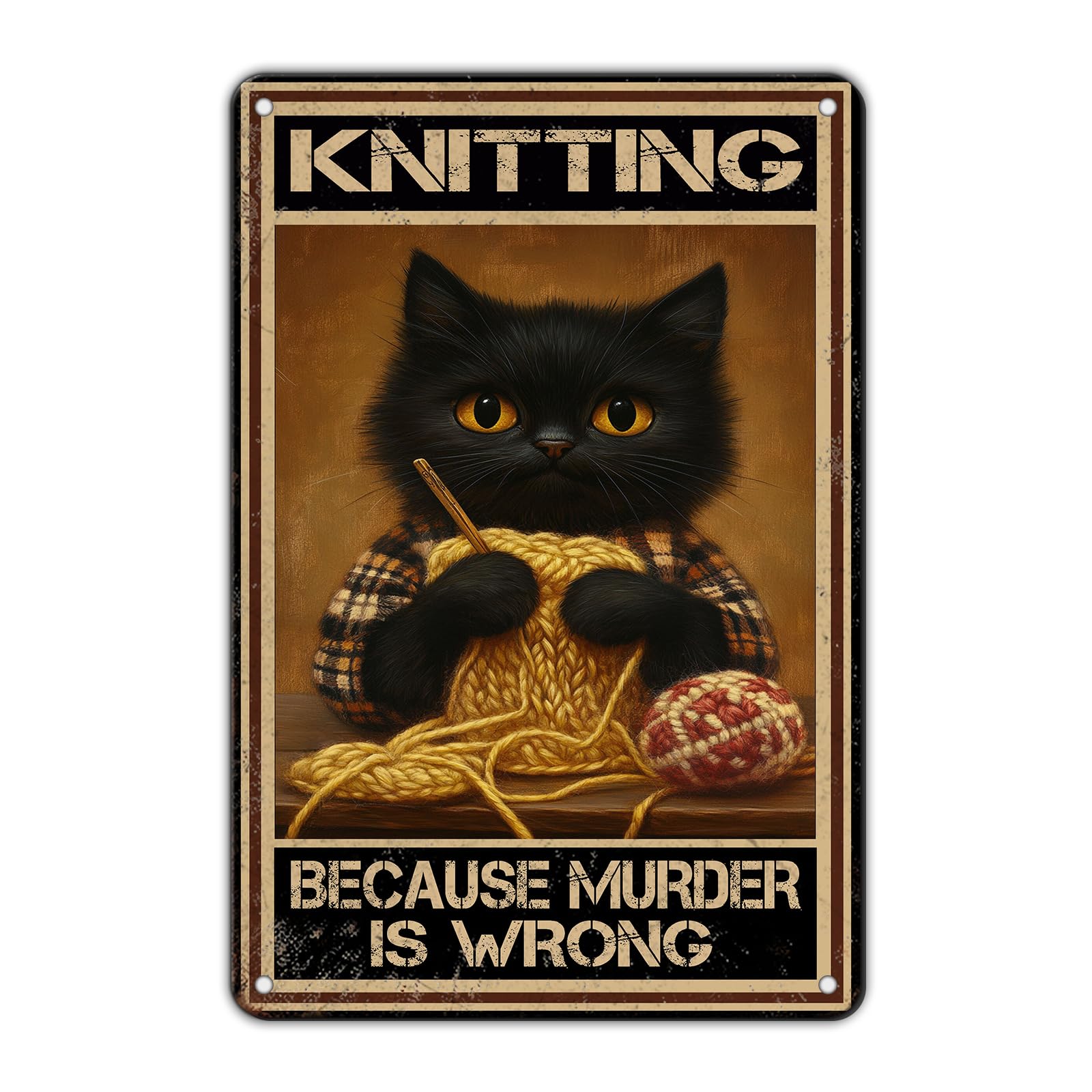 Anceky Funny Metal Tin Signs Cat Knitting Because Murder Is Wrong Vintage Metal Sign Retro Wall Decor for Home Bar Pub Cafe Garage Man Cave Garden Yard 8×12 Inch