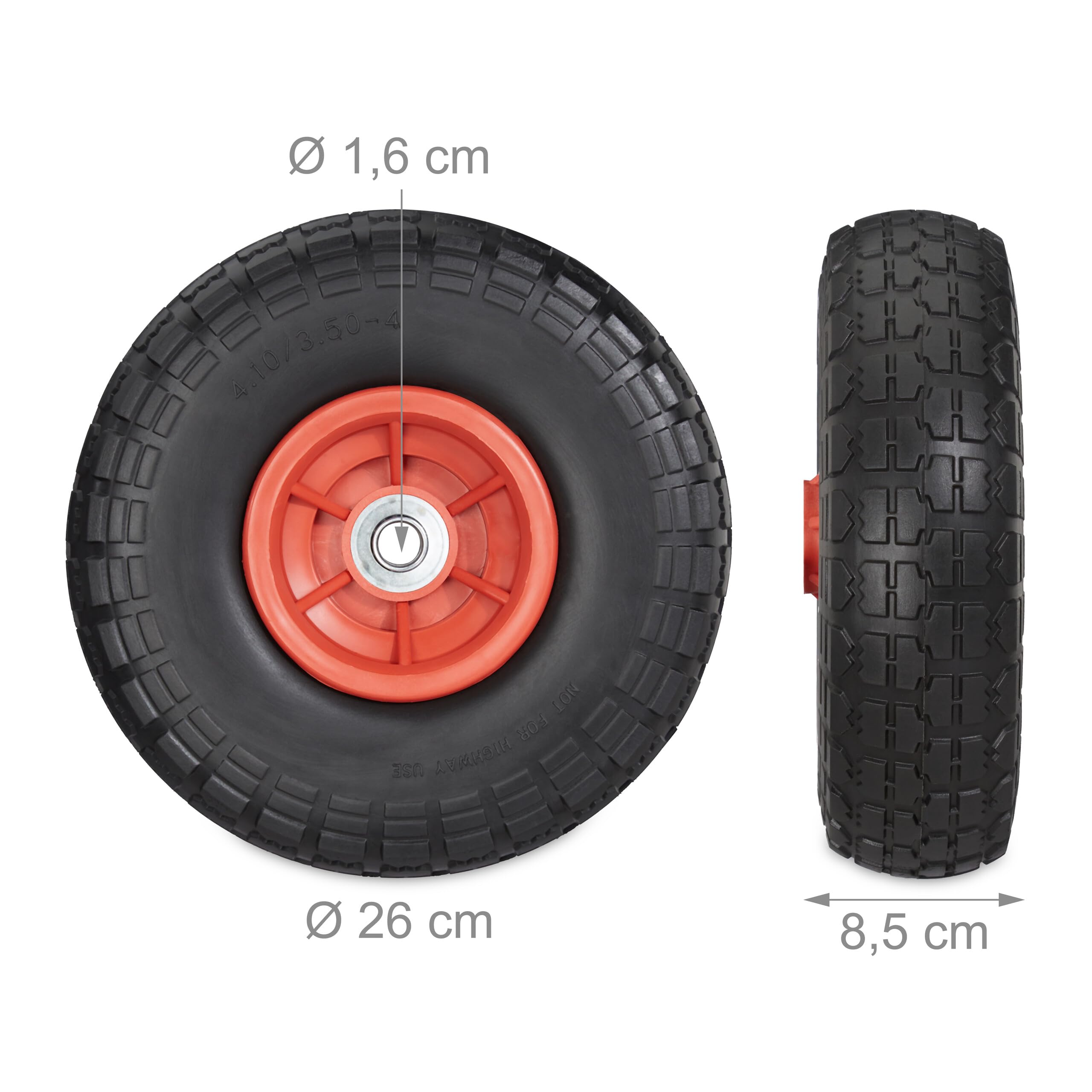 Relaxdays Ruota per Carriola 4.10/3.50-4", Set 4 Gomme Piene Antiforatura, Cerchi in Plastica, Fino a 150 kg, Nero Rosso