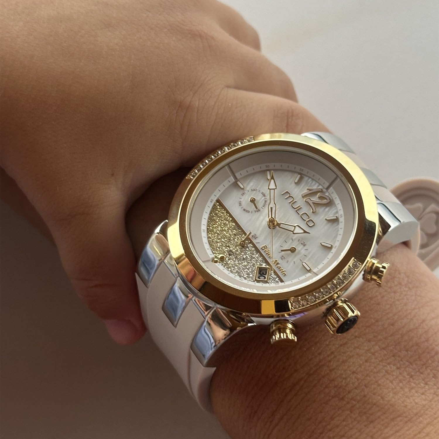 Mulco Blue Marine - Reloj de cuarzo multifuncional para mujer, correa de acero inoxidable y silicona, pantalla analógica, tonos Swarovski y detalles de oro rosa resistente al agua