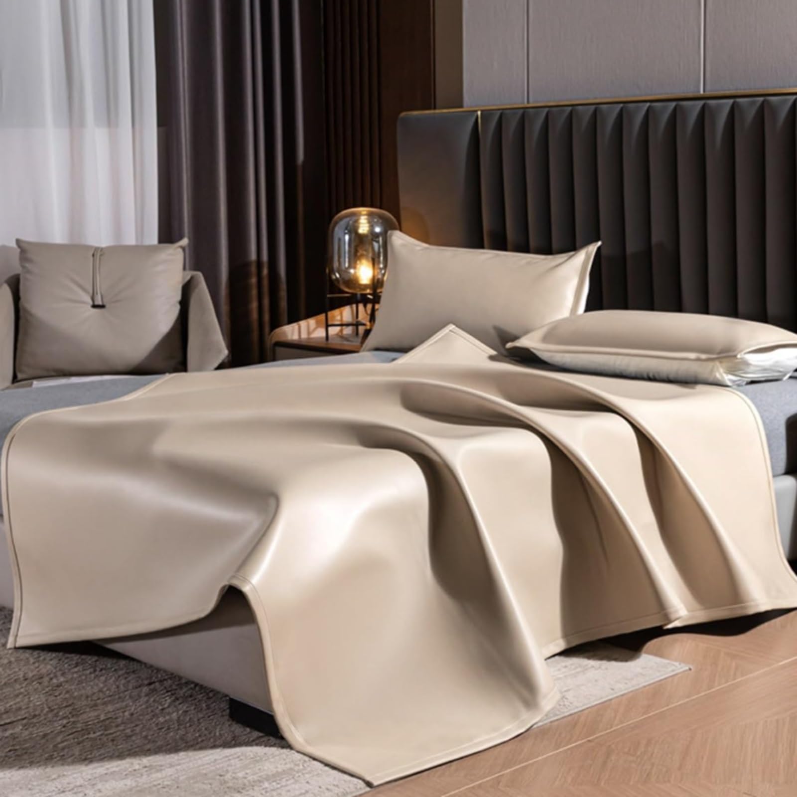 Summer Cooling Ice Silk Sleeping Mat, with Elastic Corner Straps and Matching Pillowcases, Foldable Bed Pad, for Bedroom, Dormitory, Home(Beige,180 * 200cm/70.9 * 78.7in)