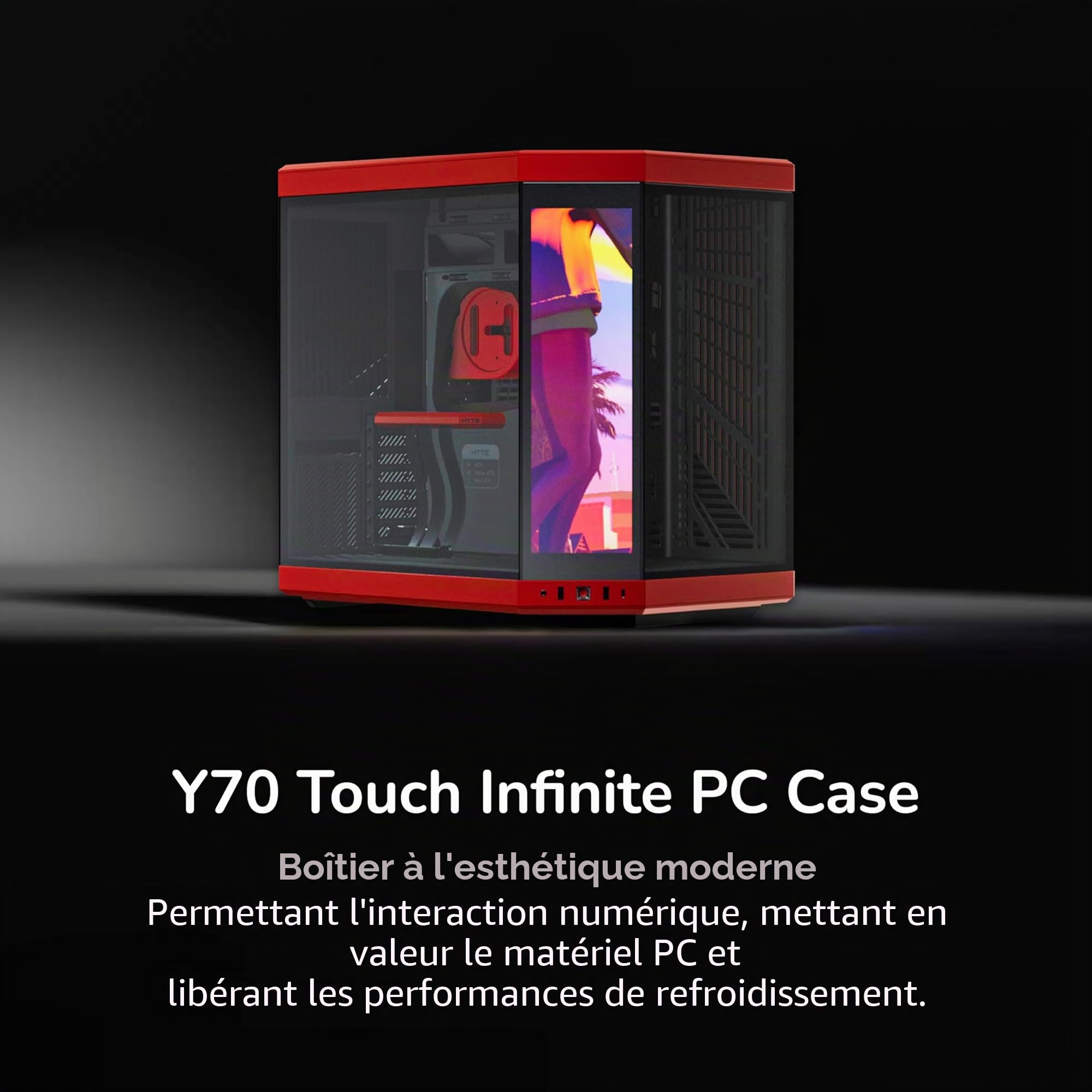 Hyte Y70 Touch Infinite Boîtier ATX à Double Chambre, avec écran Tactile LCD 2,5K intégré - Noir Cerise/Rouge