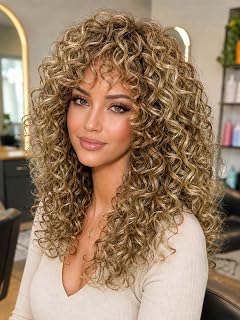 AISI 18-inch caramel blonde synthetic curly wig with bangs