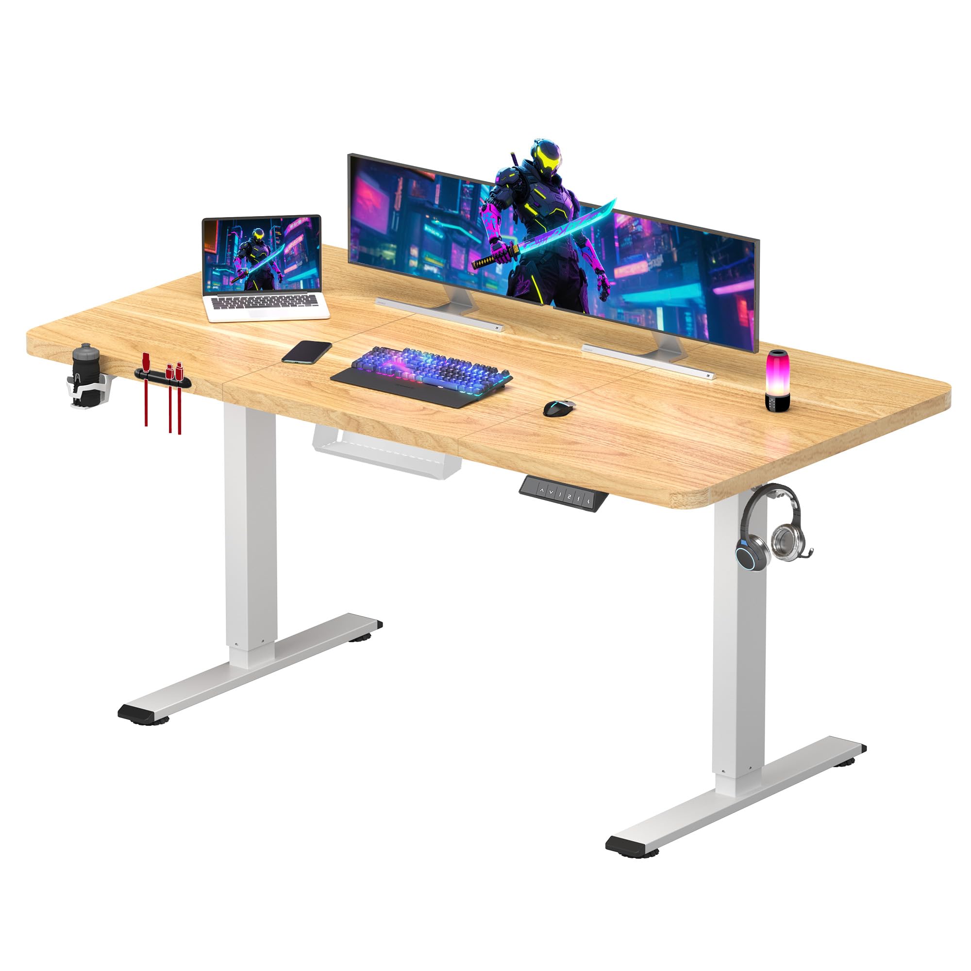 SANODESK 140x60 cm Electric Standing Desk Heightn Adjustable Gaming Desk, Sit Stand Table, Electric Desk with Memory Function Control,Hooks and cupholder, Maple