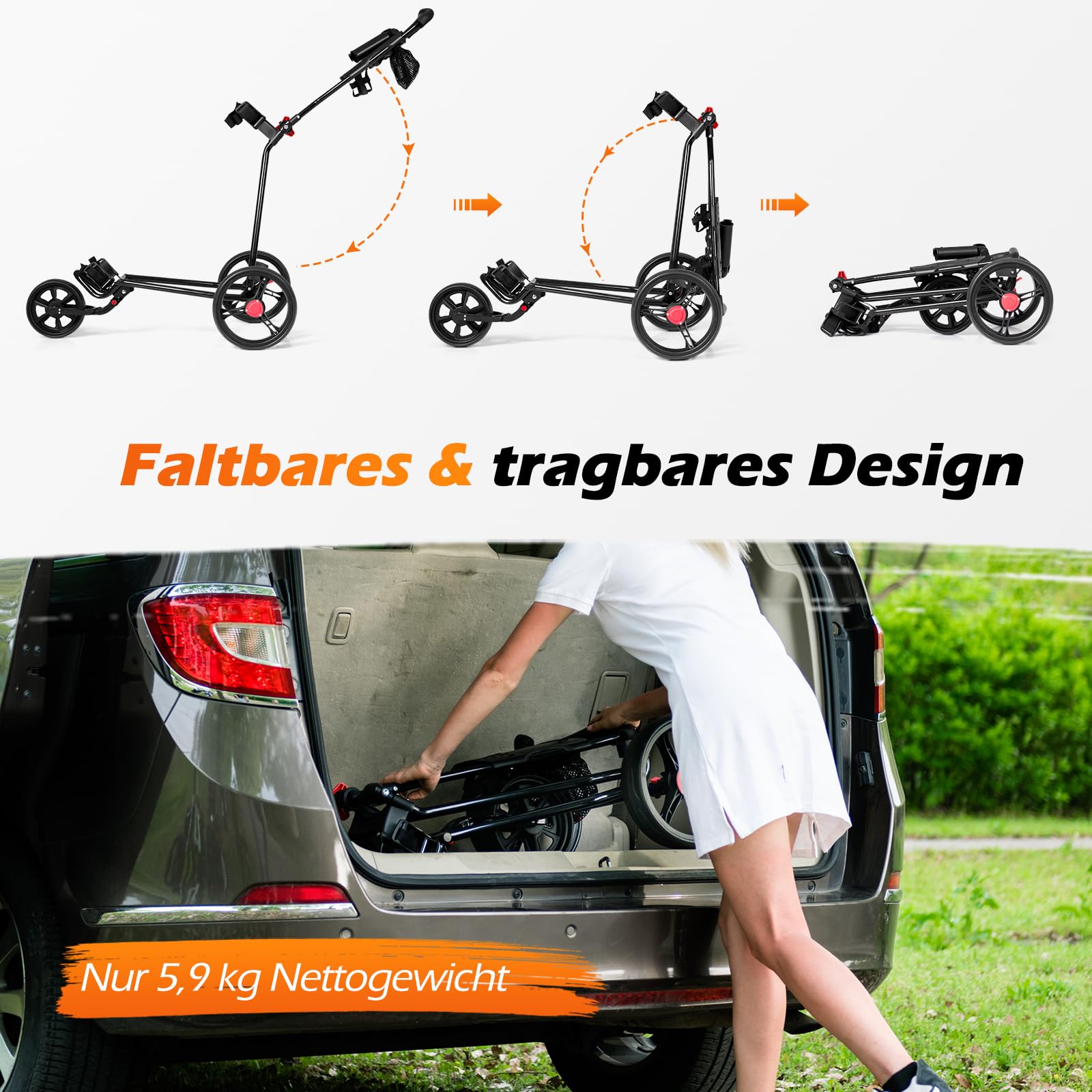 GYMAX Golftrolley faltbar, Golfwagen 3 Rad mit Scorekartenhalter, Getränkehalter & Regenschirmhalter, Golf Push Cart mit verstellbarem Griff aus Eisen, Schwarz