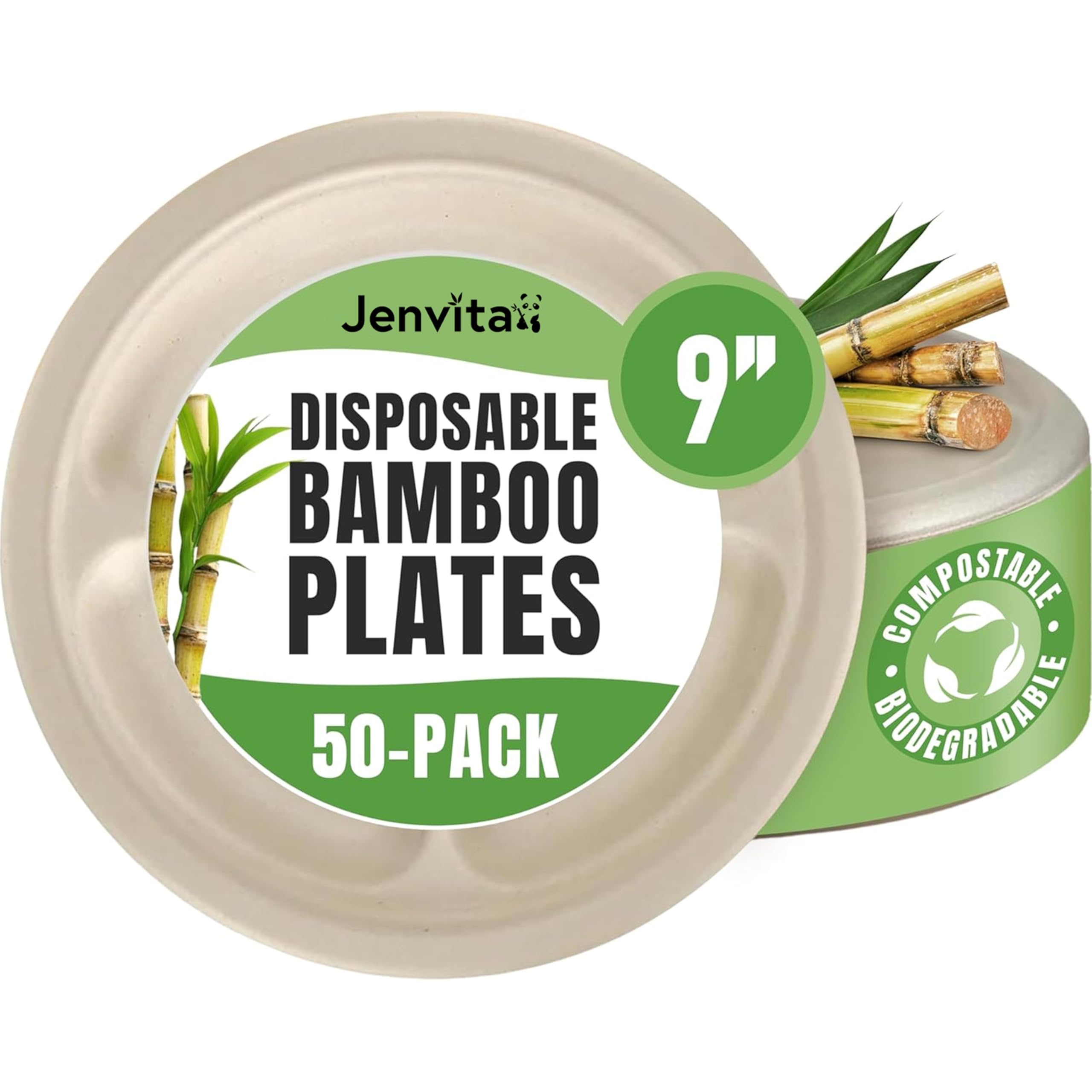 Jenvita Bamboo Paper Compartment Plates Disposable (50-Pack, 9-inch) - Sturdy & Microwave Safe | Heavy Duty Disposable Plates with Dividers | PFAS