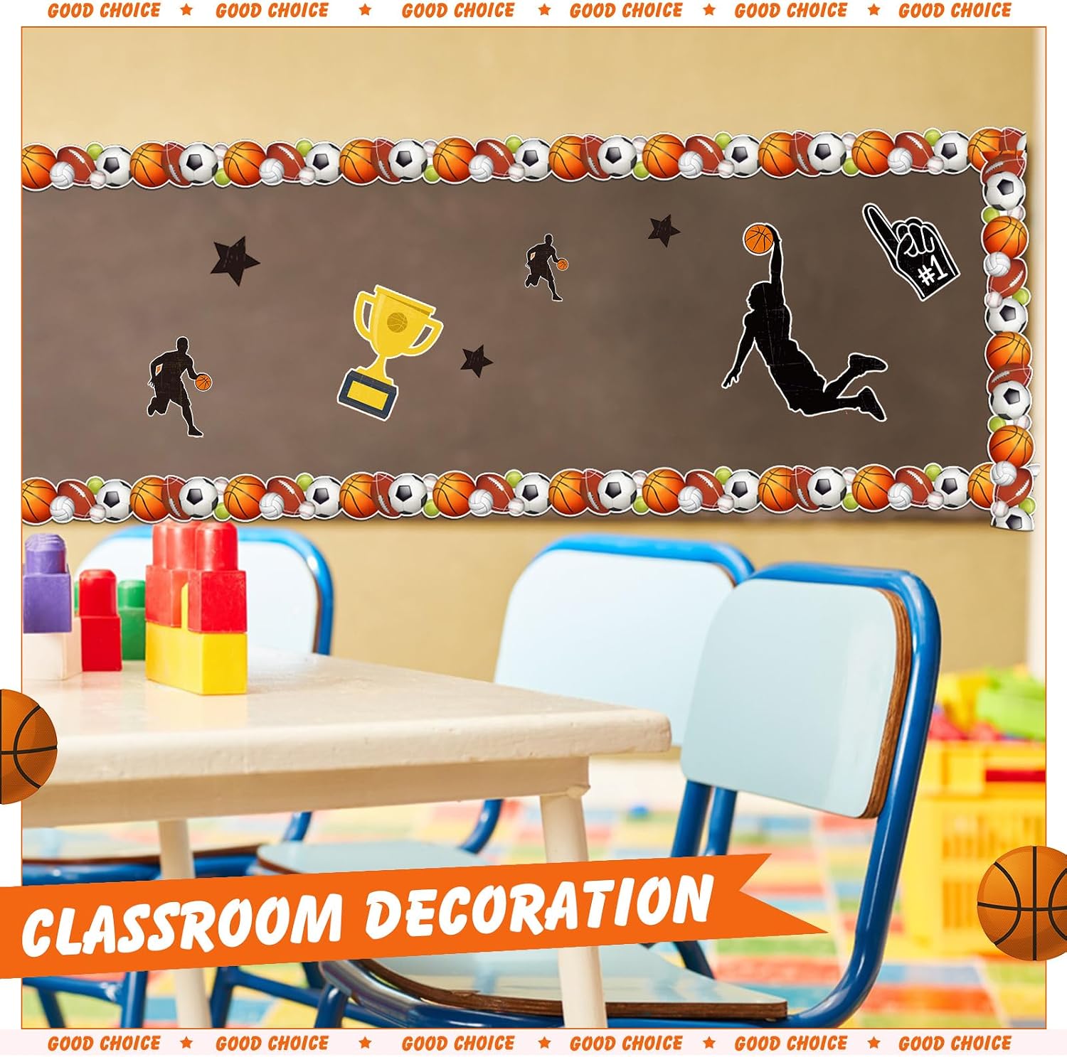 Tenceur 160ft Sport Border for Bulletin Board, Sport Classroom Decoration, 6 Rolls Baseball Basketball Soccer Bulletin Board Border Rolls for School Office Chalkboard Whiteboard Poster Decor