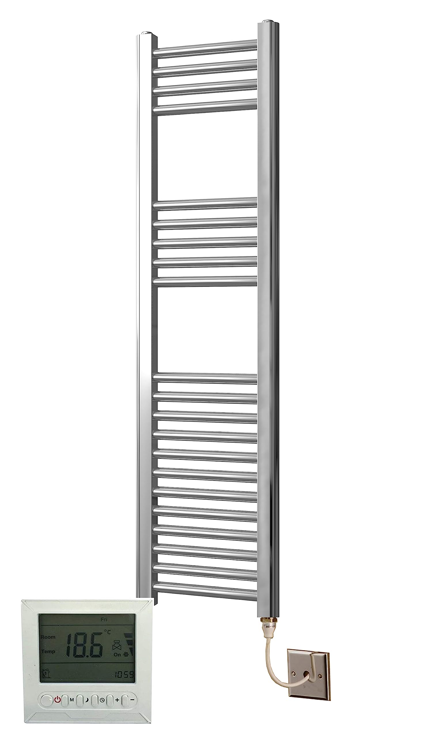 Greened House Chrome Electric Heated Towel Rail 300mm W x 1200mm H + Timer
