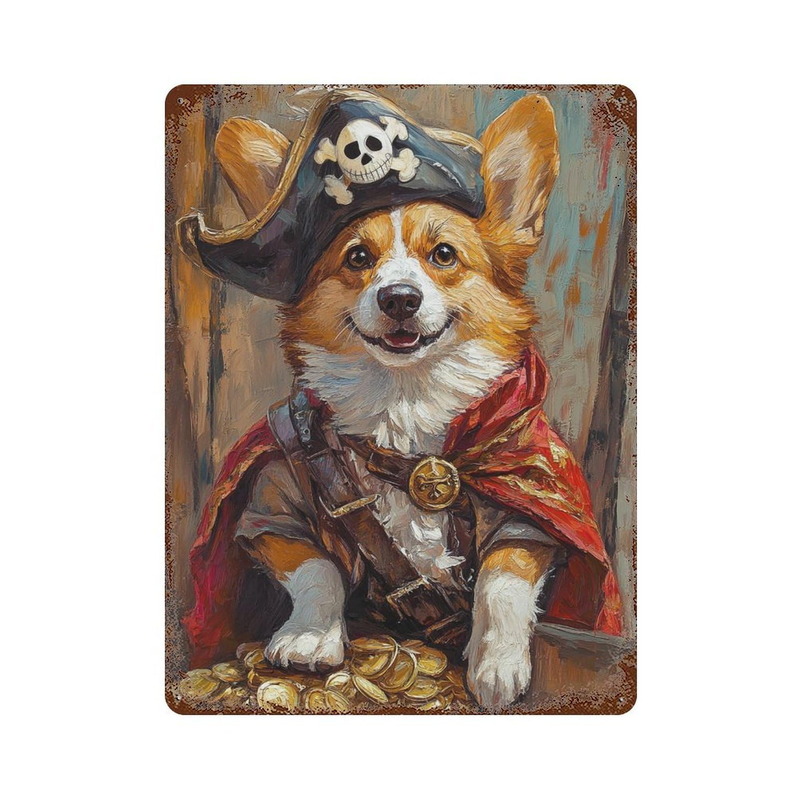 Garage Style Pirate Corgi Treasure Chest Vintage Metal Tin Sign 15.7"x11.8", Industrial Home Decor for Bar And Workshop