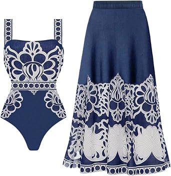 FLAXMAKER Lily and Majolica Series Intertwine Pattern Print Sling One Piece Swimsuit and Skirt