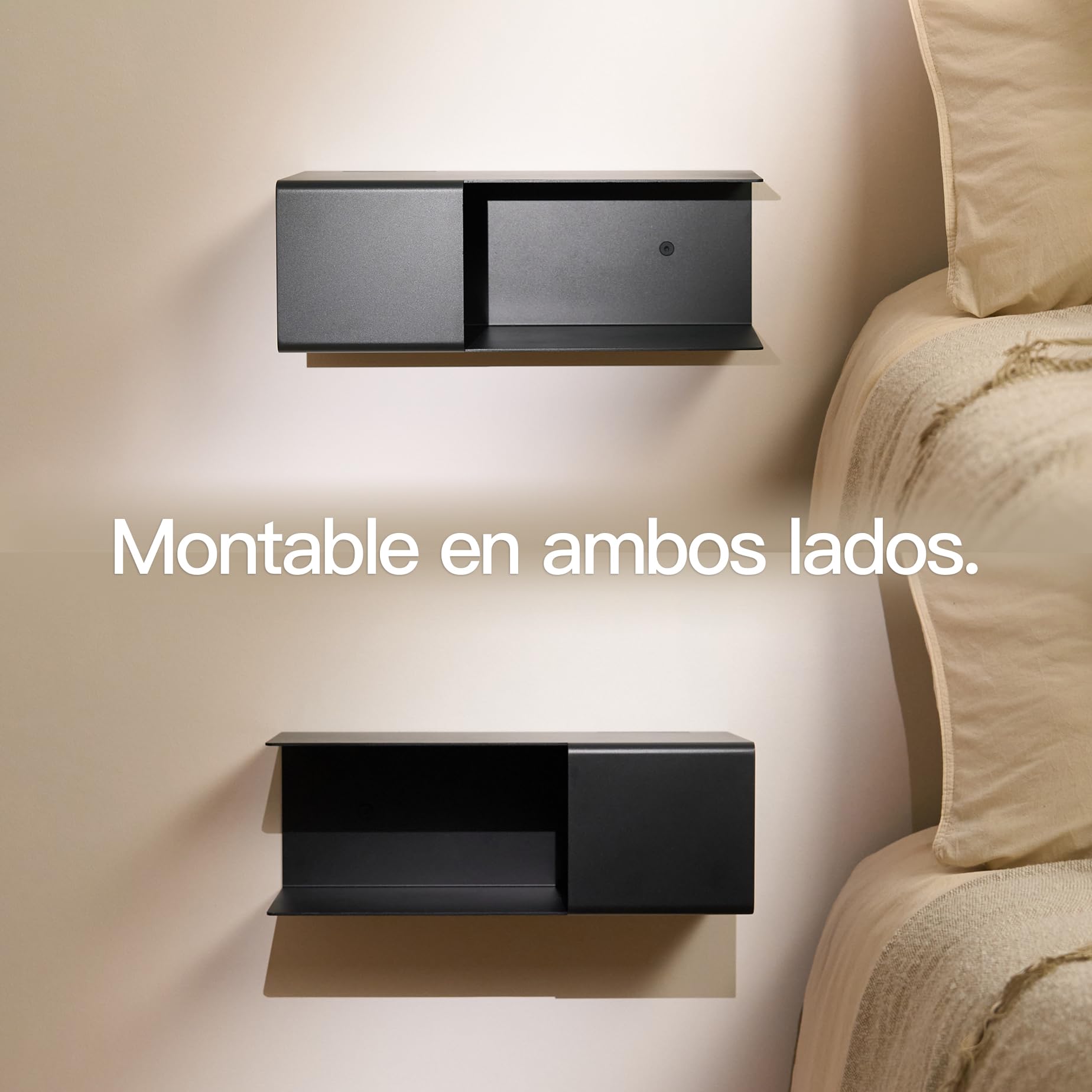 Design Hamburgo Mesita de noche flotante de metal | Negro | Mesita flotante con compartimento oculto y pasacables | Ahorra espacio, moderna y fácil de montar