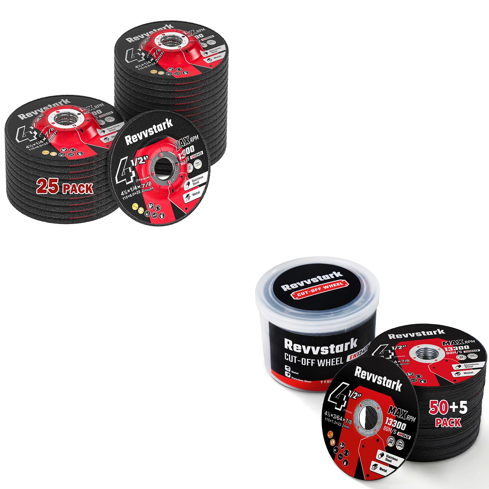 25 Pack Grinding Wheels 4-1/2 Inch & 4 1/2 Inch Cut Off Wheels 55 Pack 4.5" x .045" x 7/8"