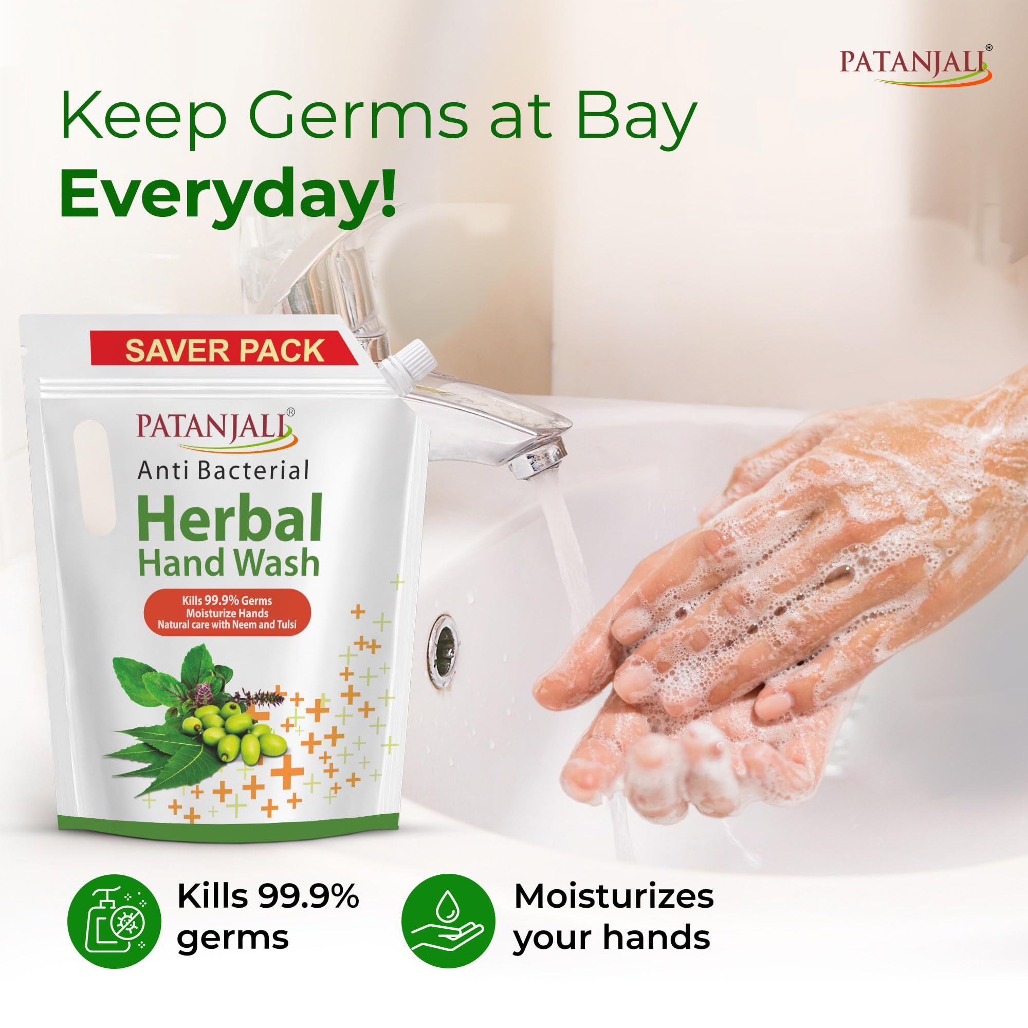 Patanjali Herbal Hand Wash (Anti-Bacterial) 1.5 L Refill, Enriched with Neem & Aloe Vera, Effectively Removes Germs & Dirt, Gentle on Skin, Moisturizing Formula, Safe for Frequent Use, Family Pack 4