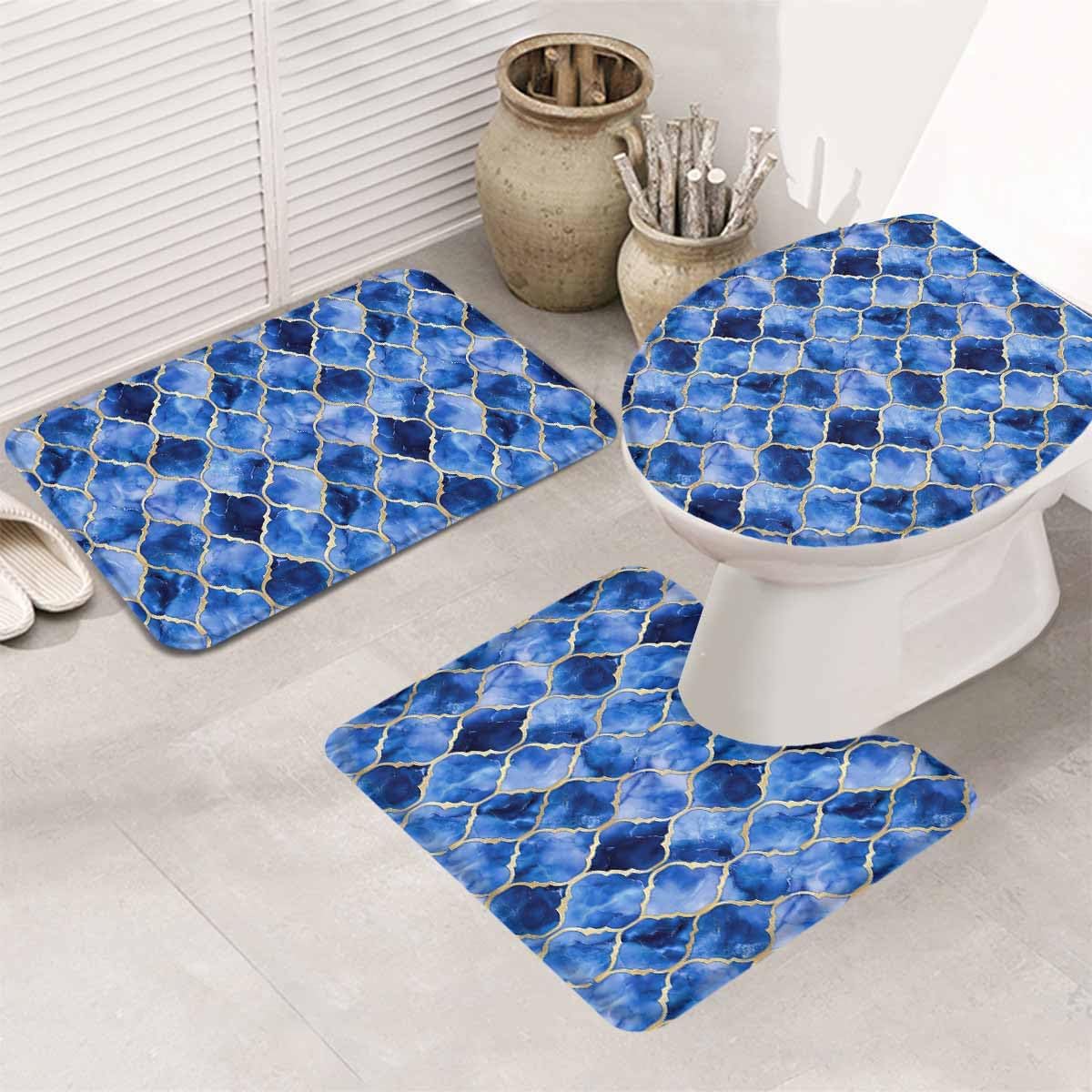 Marble Blue Morocco Bathroom Rugs Mat Sets 3 Piece, Modern Abstract Ombre Neutral Gold Bath Shower Rugs with U-Shaped Contour Toilet Mat, Small Absorbent Bathtub Runner Accent Throw Floor Doormat