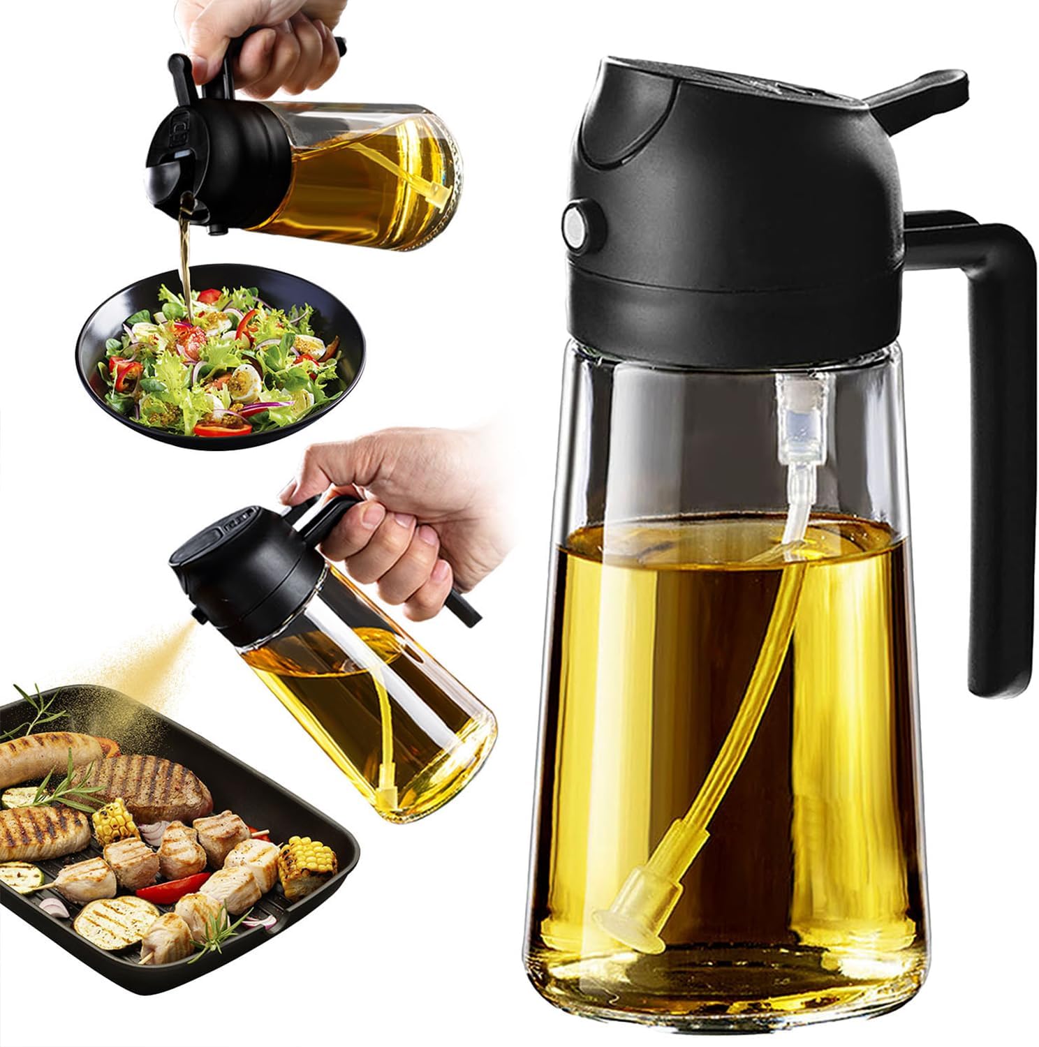 TrendPlain 16oz/470ml Glass Olive Oil Sprayer for Cooking - 2 in 1 Olive Oil Dispenser for Kitchen Gadgets