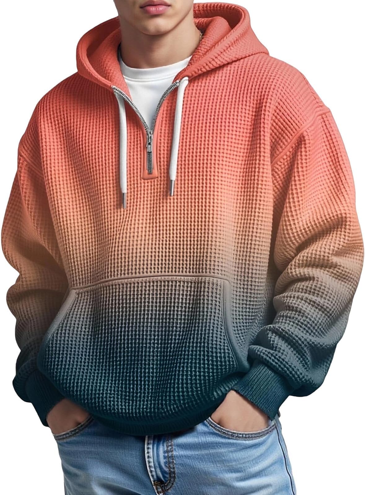 Zip Hoodie Men's Hoodie Waffle Knit Work Jumper Colour Gradient Cold Weather Days Long Sleeve Hooded Sweatshirt Long Sleeve Hooded Jacket Boys Winter Jumper Gym Top