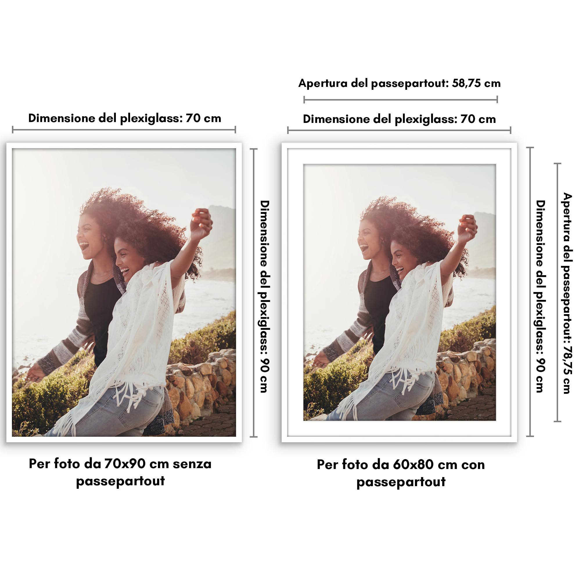 Americanflat Cornice 70x90 cm Bianca - Cornice 60x80 cm con Passepartout o 90x70 cm Senza Passepartout - Portafoto con Bordo Sottile in PVC e Pannello Protettivo in Plastica