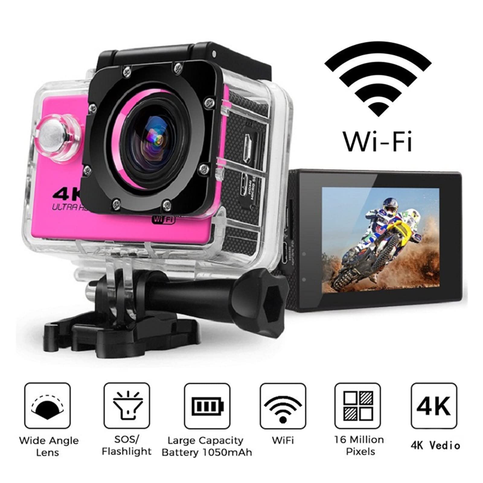 Kamera akcji, Ultra HD 4K/30fps Zewnętrzna mini kamera akcji Pilot Kamera sportowa Wodoodporna kamera sportowa Pro Moto Kask Płynna stabilizacja(32G Card,Nero)