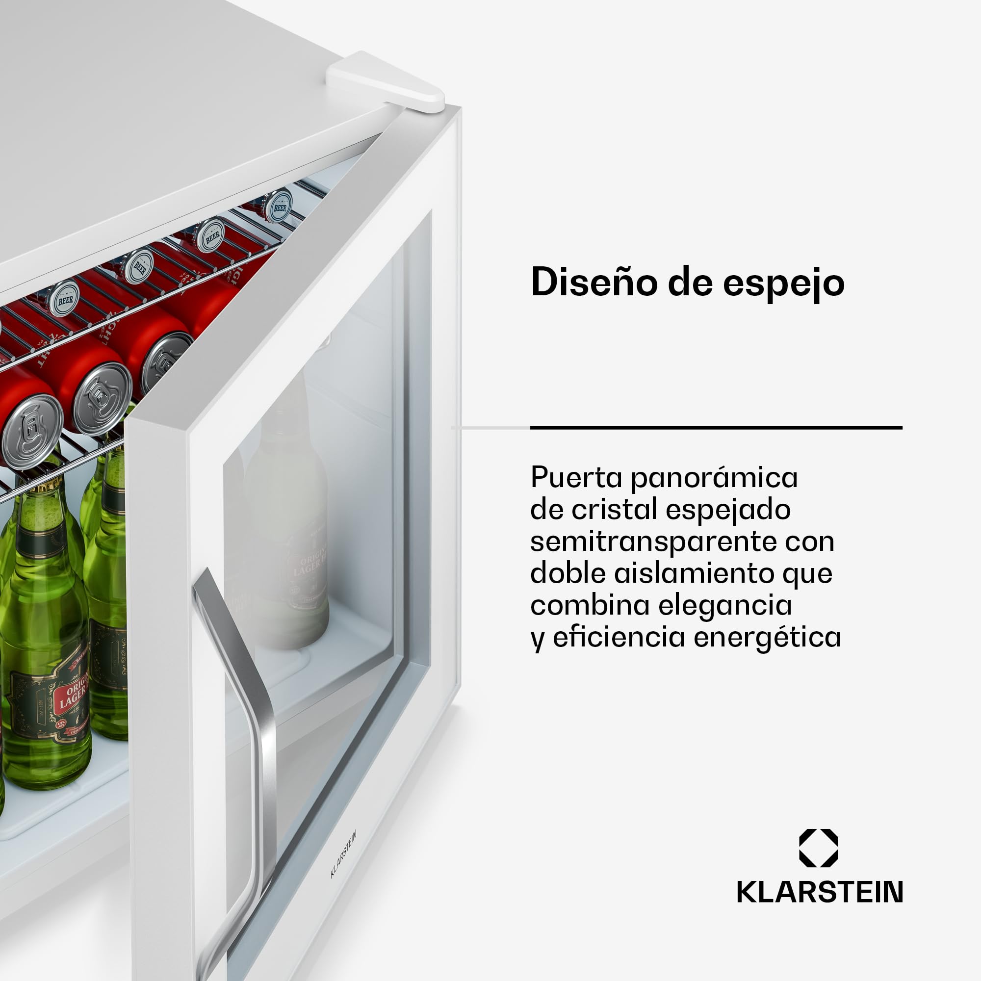 KLARSTEIN Beersafe Nevera para Bebidas - 47L, Puerta de Cristal Espejo, 0-13°C, 2 Estantes Metálicos Extraíbles, Frigorifico para Bebidas, Control Giratorio, Bajo Ruido