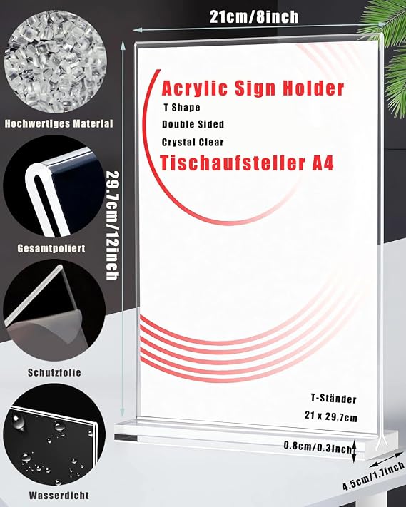 Pack of 2 Acrylic Stands A4 Transparent T-shape Table Stand A4 Display Stand for Price Tags Poster Menu Card