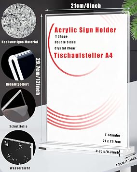 Pack of 2 Acrylic Stands A4 Transparent T-shape Table Stand A4 Display Stand for Price Tags Poster Menu Card