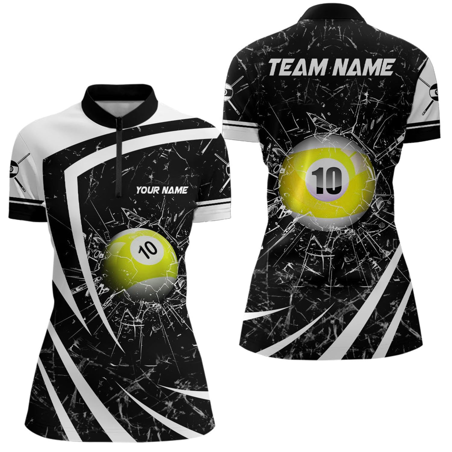 Personalized White Black Glass Break 10 Ball Pool Quarter Zip Shirts for Women Billiard 10 Ball Shirt V1170