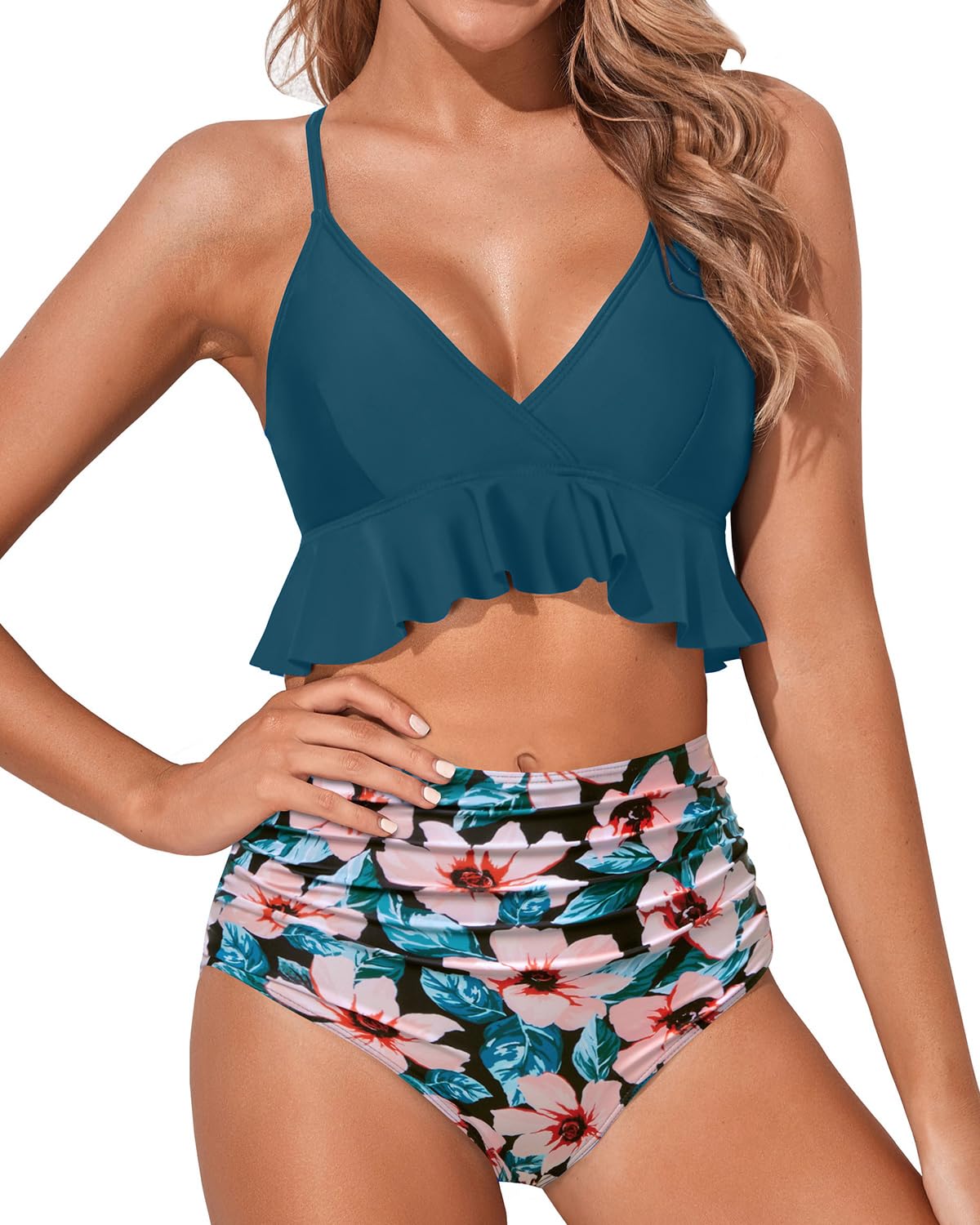 Tempt Me Women High Waisted Ruffle Bikini Set Two Piece Swimsuits Flounce Tummy Control Bathing Suit