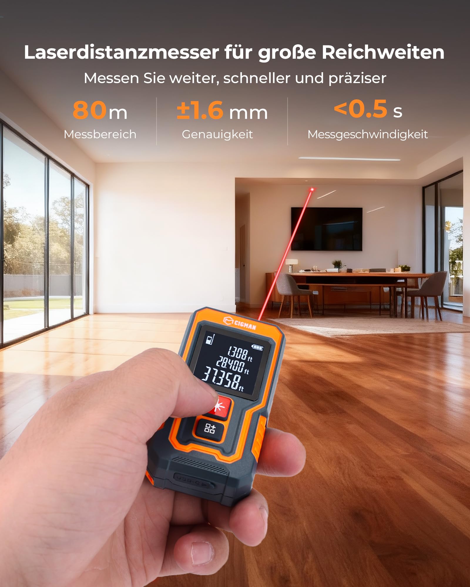 80 m Laser-Entfernungsmesser, CIGMAN Digitales Lasermessgerät mit hoher Genauigkeit, Mini Lasermessgerät mit wiederaufladbarer Batterie und LCD zur Messung von Entfernung/Fläche/Volumen/Pythagoras