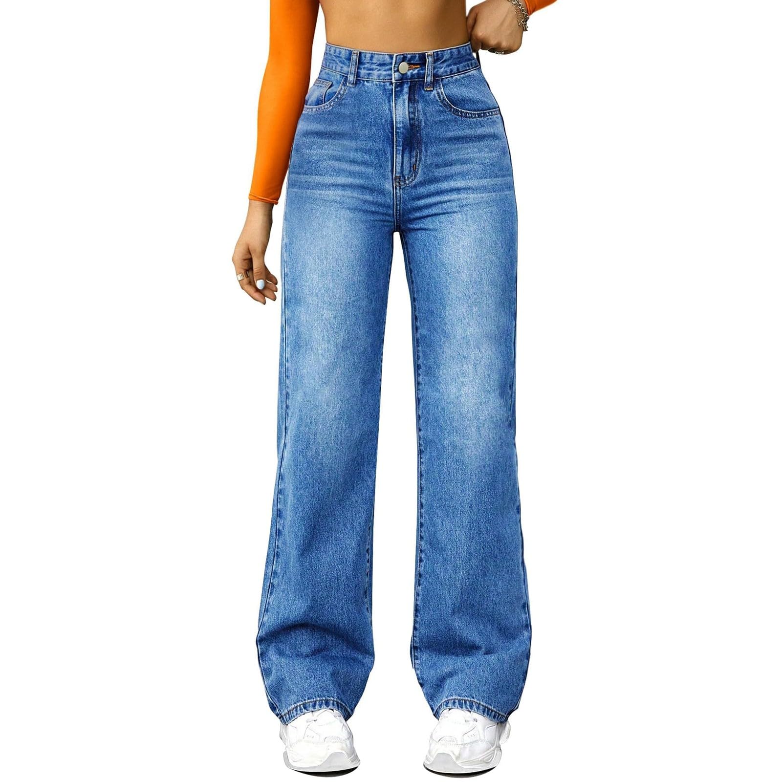 Womens High-Waisted Washed Versatile Straight Fashion Dressy Casual Jeans