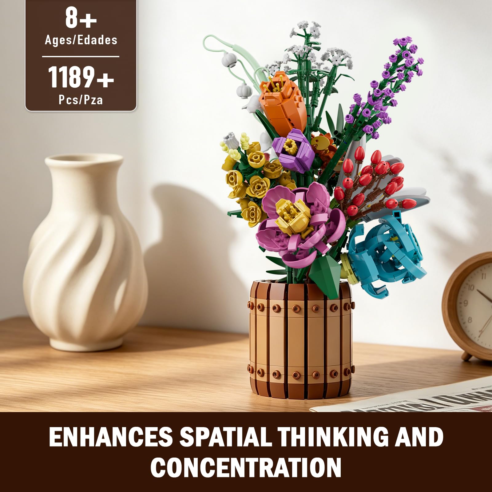 Mould King Geheimnis Blumen Bausteine, 1189 Teile Blumenstrauß Klemmbausteine Bausatz, Mit Vase, Kunstblumen Pflanzen Modell, Geschenk für Frauen Mädchen