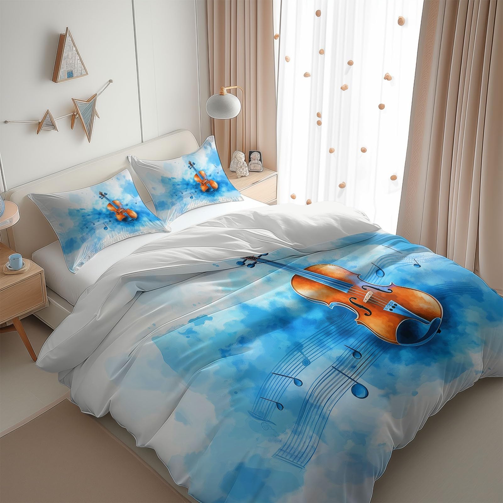 Zestaw poszewek na kołdrę 90 x 190 cm Akwarela Nuty skrzypcowe Zestaw pościeli jednoosobowej i 2 poszewki na poduszki 65x65 cm, 100% komplet pościeli z mikrofibry z zamkiem błyskawicznym