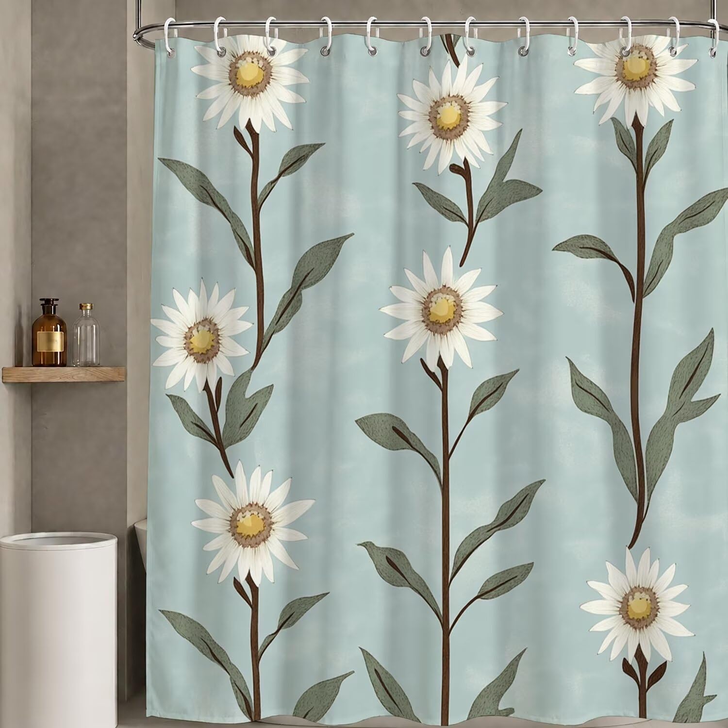 Duschvorhang 200 x 240 cm Salbeigrün, Duschvorhänge Waschbar Textil Polyester Stoff mit 12 Ösen und Duschvorhangringe für Badewanne Vorhang, Wasserdicht Duschvorhang mit Gewicht Unten (Blume) W-P406