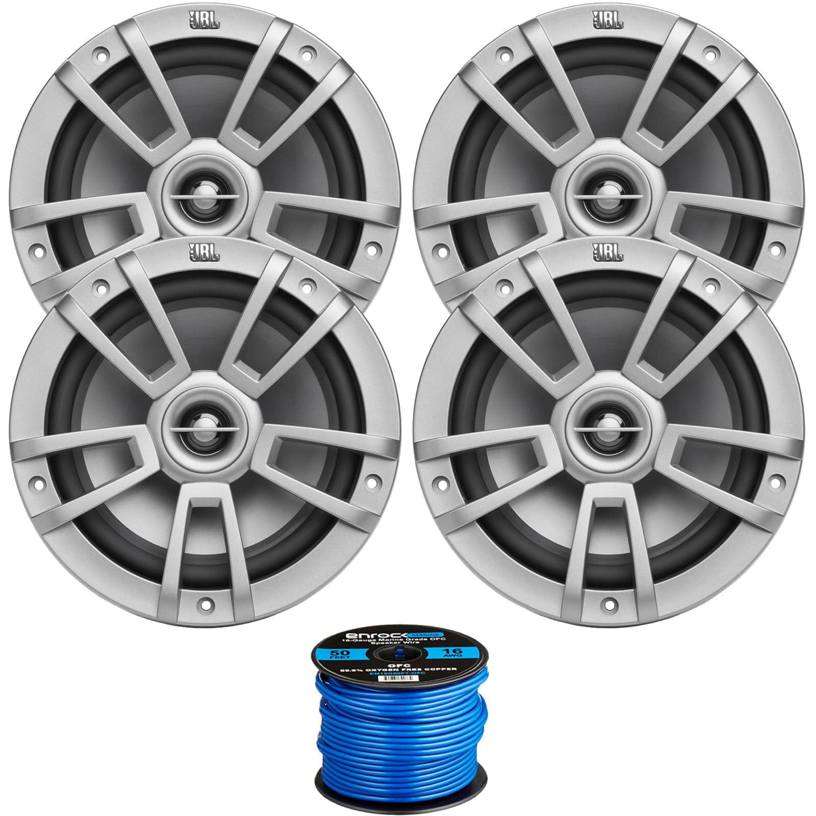 4X 8 375 Watts Peak Power High-Performance Marine Audio Gray Speakers, 50 Feet 16 Gauge Speaker Wire