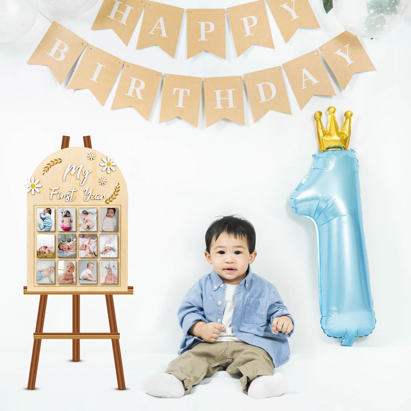 NQEUEPN Cadre Photo ma Première Année, Fleur Marguerite 3D Affichage Photo de Première Année Bébé Bannière Photo Mensuelle Planche Bois 12 Mois Cadeau pour Nouveau-Né Souvenirs du 1er Anniversaire