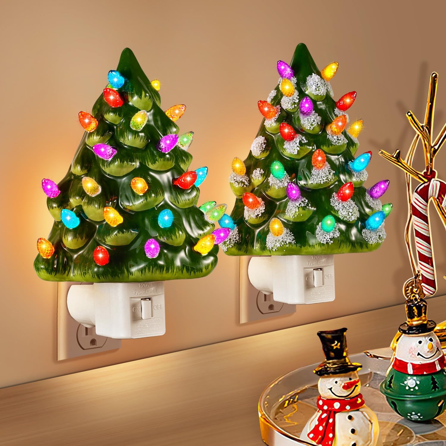 Tfro & Cile Ceramic Christmas Tree Night Light 2 Pack Xmas Decorative Tree Lamp Small Vintage Light Up Bathroom Decor with On/Off Switch for Home Bedroom Multicolor
