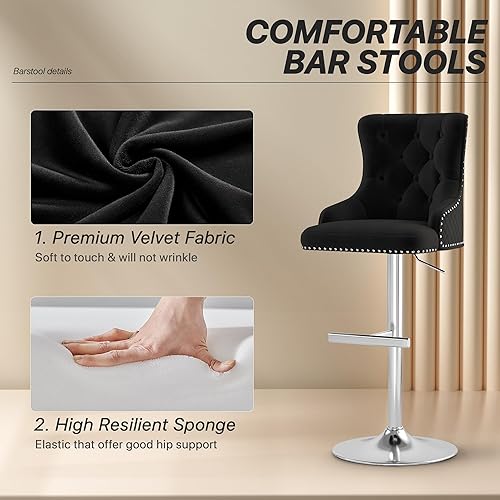 Miniatura 7 de Juego de 2 taburetes de bar, taburetes de bar giratorios de terciopelo ajustable en altura de mostrador con reposapiés, acolchado suave tapizado con