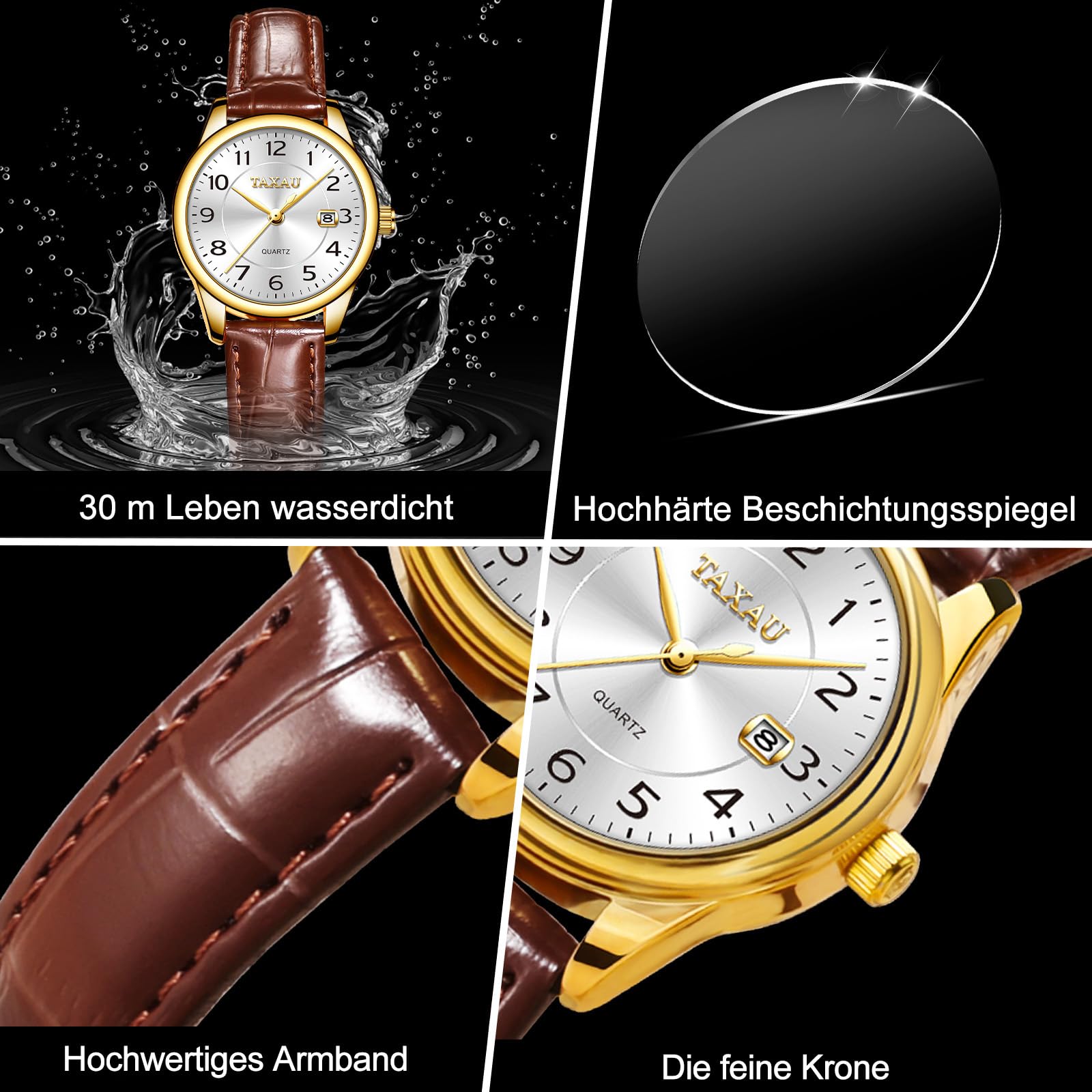 Taxau Damenuhr Lederarmband Analog Quarz–Elegante Armbanduhr Damen mit Datumsanzeige, Kleine 28mm Damen Uhr, 3Bar Wasserdicht,Klassisches Design Geschenke für Frauen
