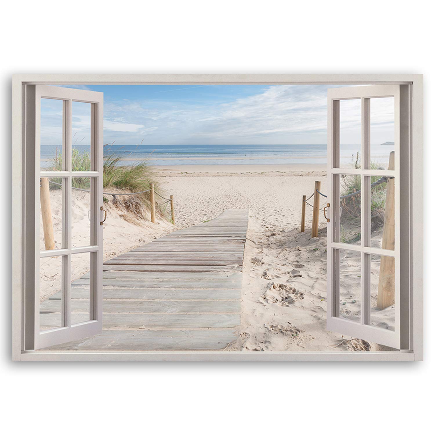 Feeby Obraz na Płótnie Canvas Morze Niebo Piasek Plaża 120x80 cm 1-częściowy Obraz na Ścianę Dekoracja Ścienna do Salonu Sypialni Biura Obraz Ścienny XXL Nowoczesny Iluzja 3d Okno Beżowy