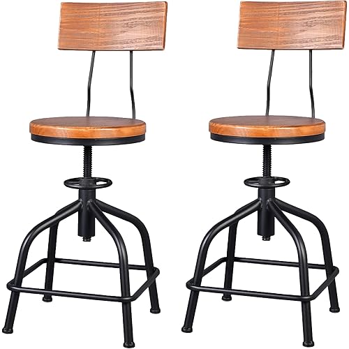 FUBIRUO Set of 2 Farmhouse Kitchen Stool Industrial Retro Stool Kitchen Breakfast Chair Metal Swivel Bar Stool Vintage Adjustable Stool Coffee Stool Full Welded 19.6-25.5 inch