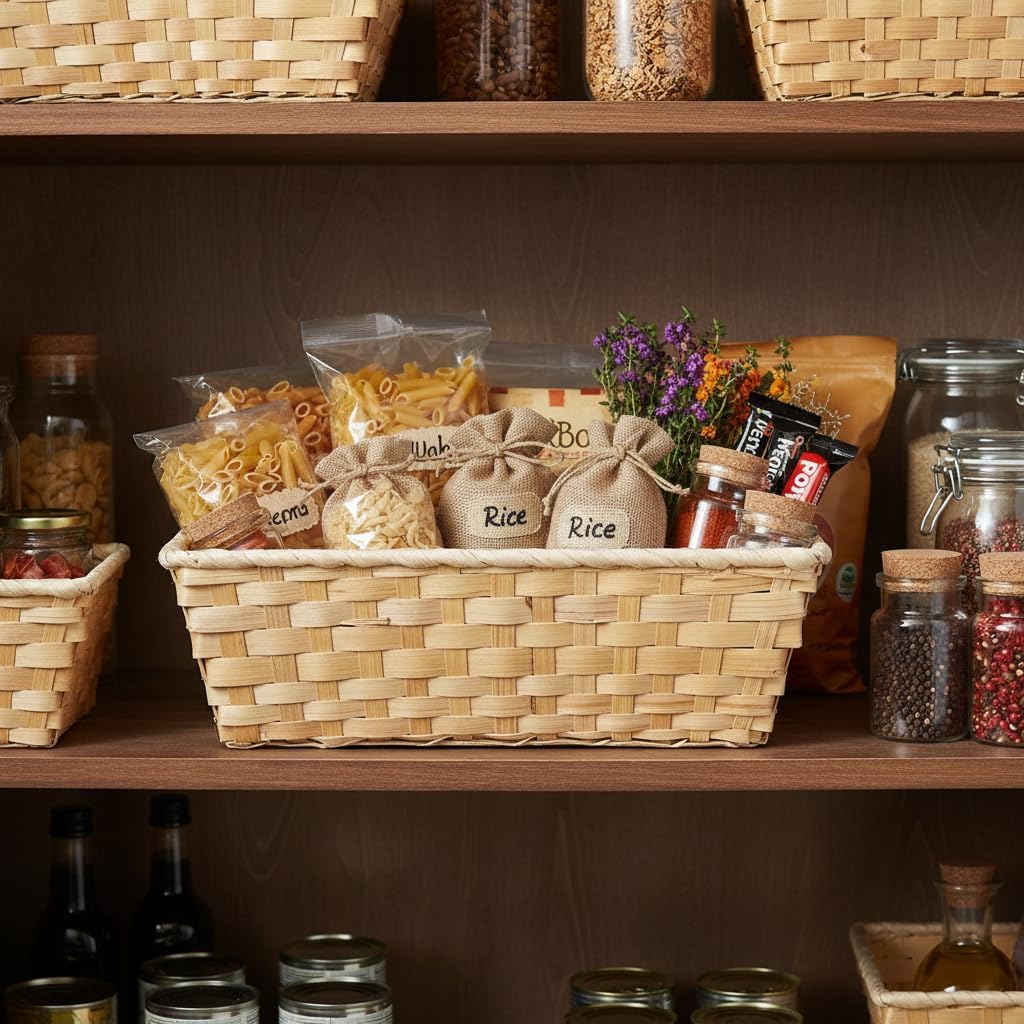 12 Pack Premium Handmade 12” x 6” Natural Bamboo Rectangular Storage Baskets – Multipurpose Pantry & Countertop Organizer for Bread, Fruit, Bathroom, Entryway, Gifts & Home Decor – Bulk Supply Set