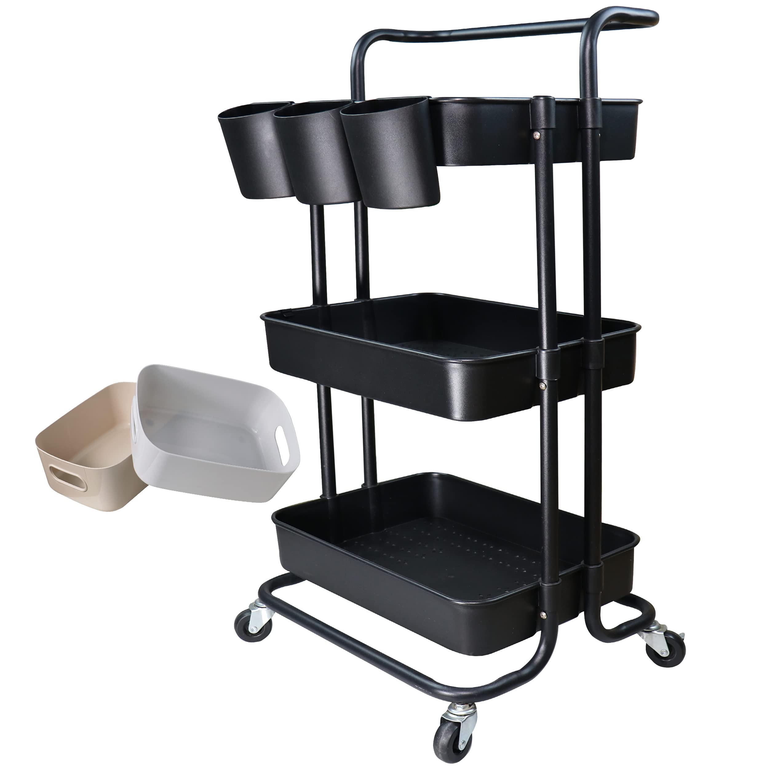 3 Tier Utility Rolling Cart Storage Organizer Shelf Rack with 3PCS Hanging Cups 8PCS Hook 2PCS Storage Box for Home Office Kitchen Bathroom (Black 3 Cup+8 Hook+2 Storage Box)