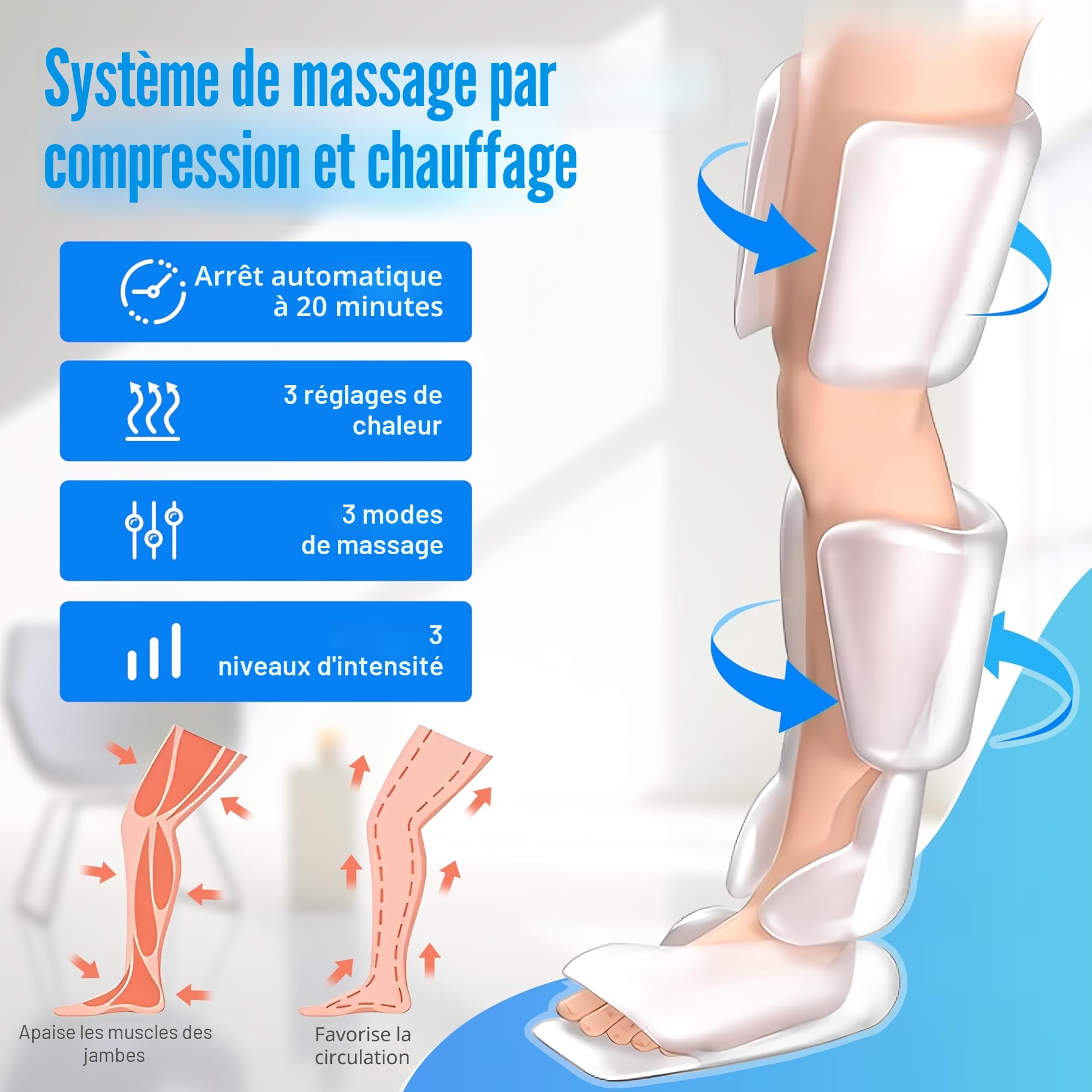 COMFIER Masseur de jambes, masseur de compression pour les mollets, les genoux, les pieds avec chaleur, cadeaux pour hommes, 3 réglages de chaleur et 3 intensités, Noir